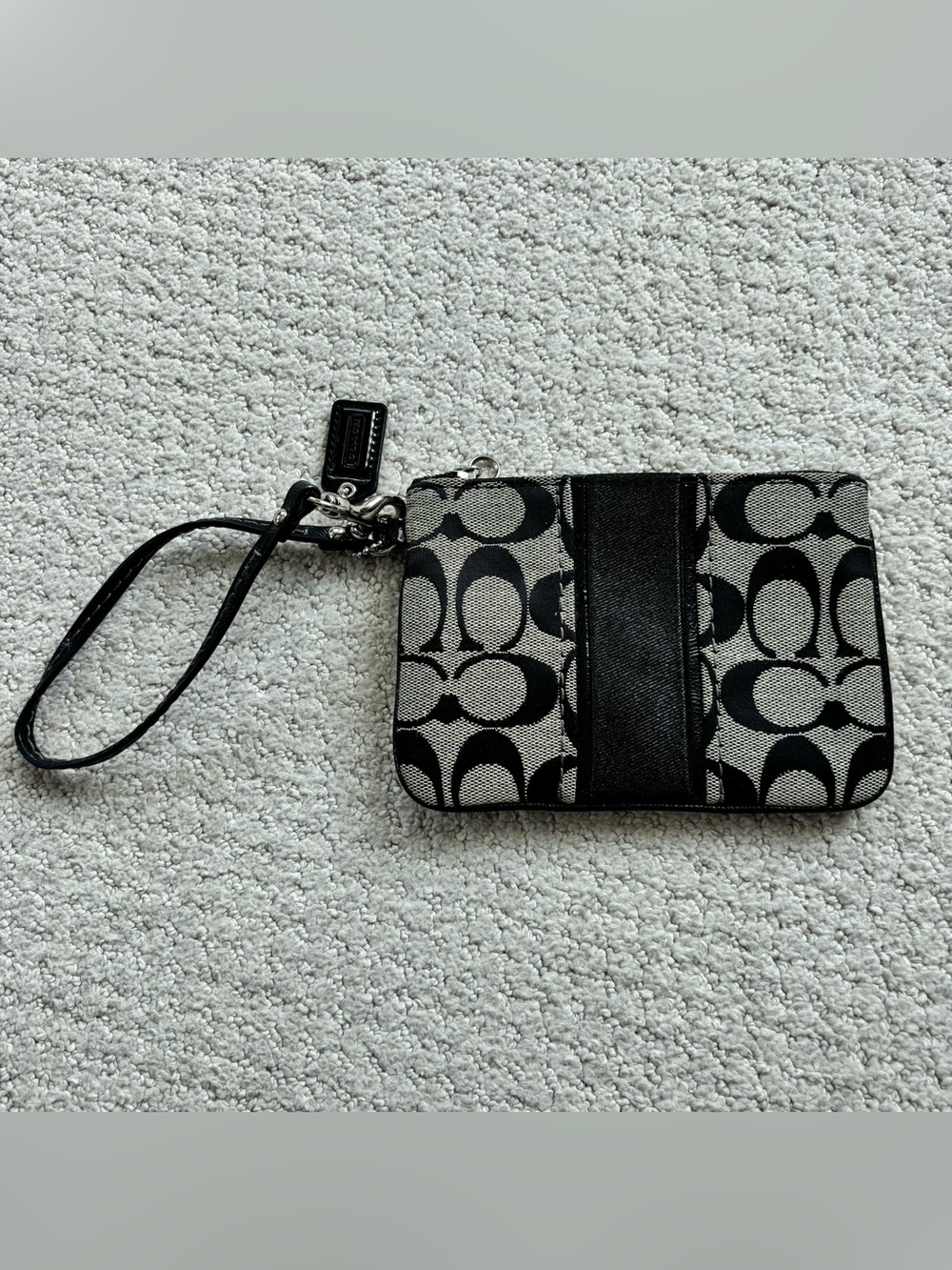 Coach Black and tan Signature Canvas Wristlet with Leather Strap